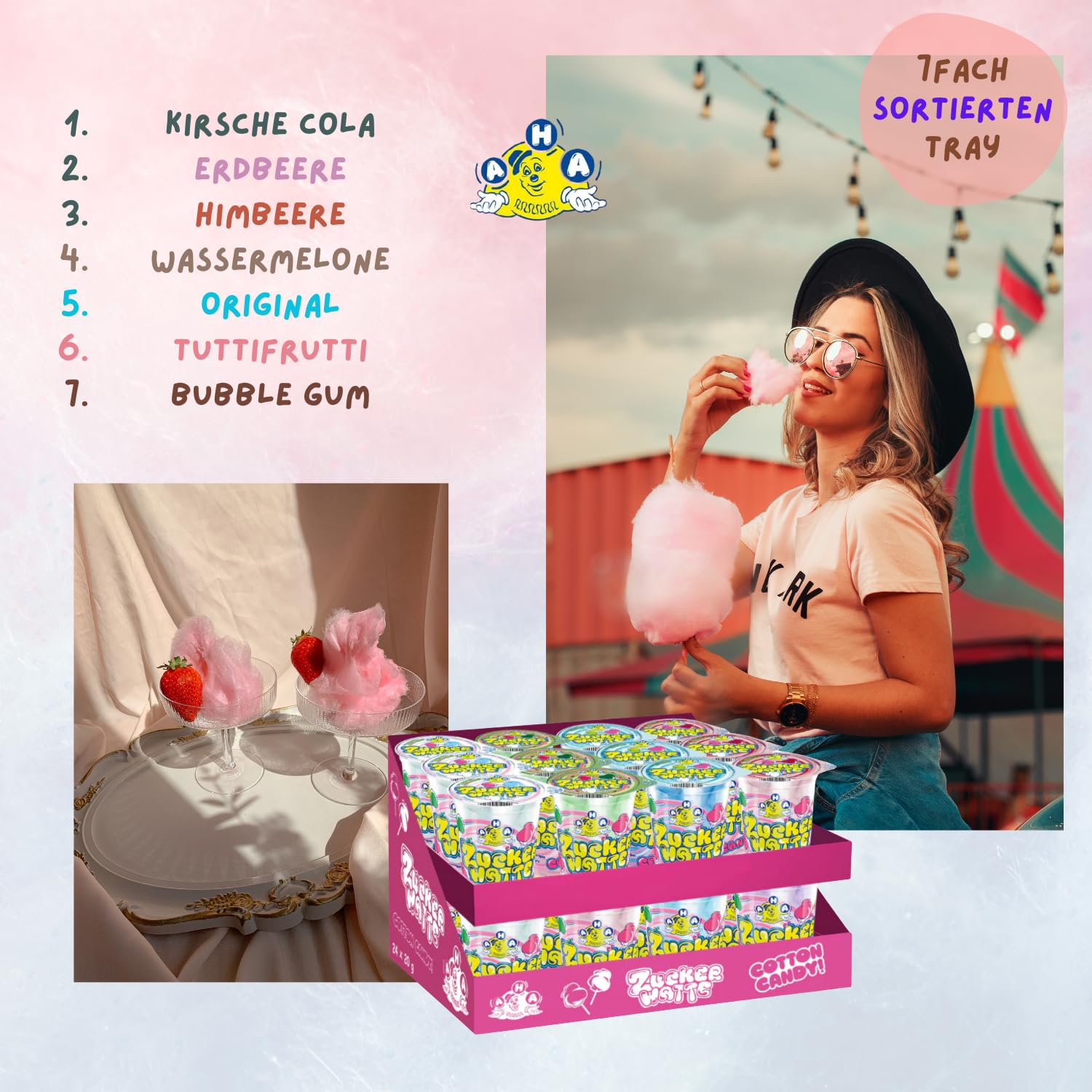 AHA - Juego de 7 tipos de algodón de azúcar (48 x 20 g, en vaso, 7 sabores)
