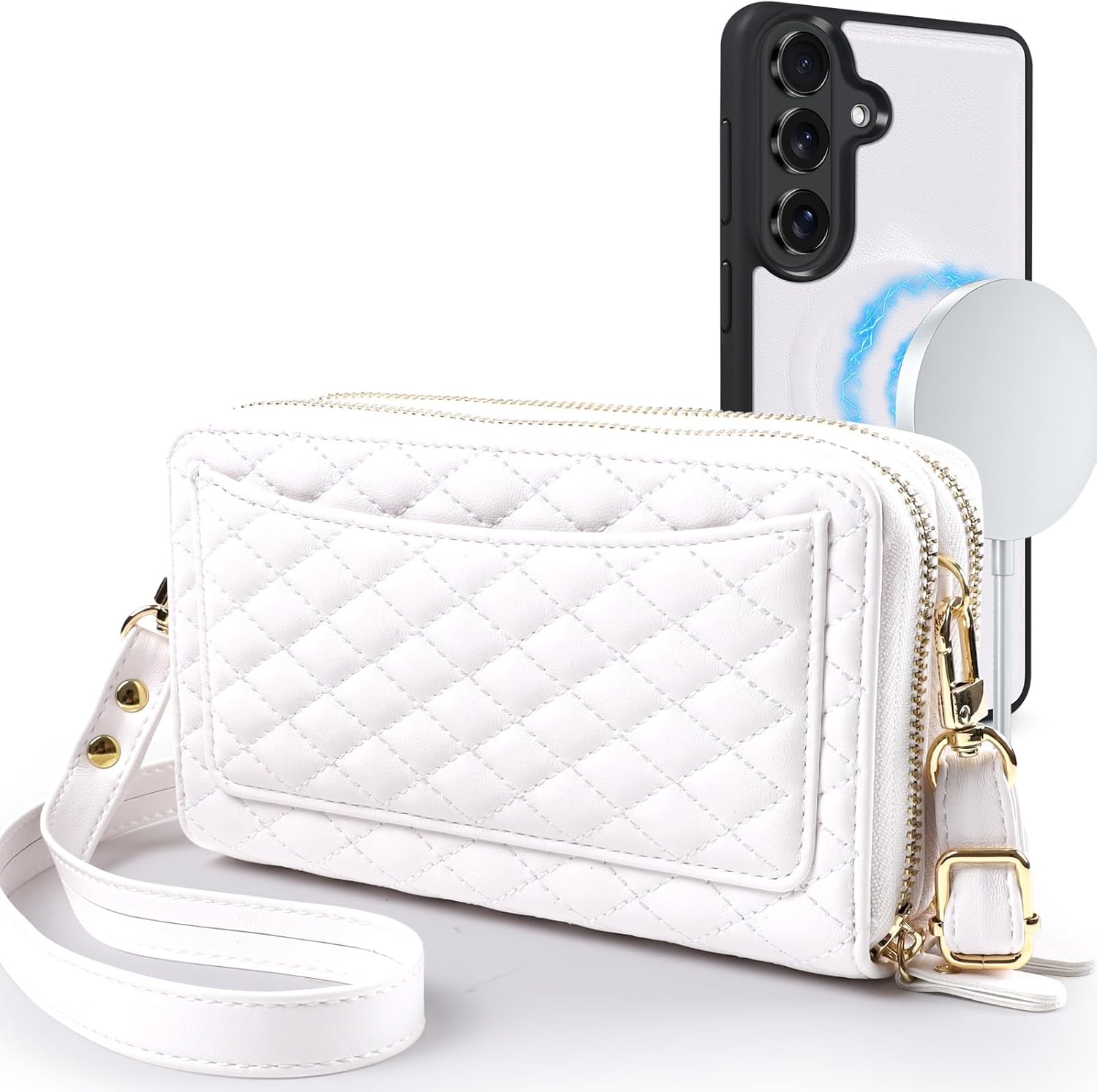 Harryshell Compatible with Samsung Galaxy S26 Case Wallet Multi Zipper Detachable Removable Cover Purse with Card Slots Holder Mirror Crossbody Strap (Compatible with Magsafe - White)