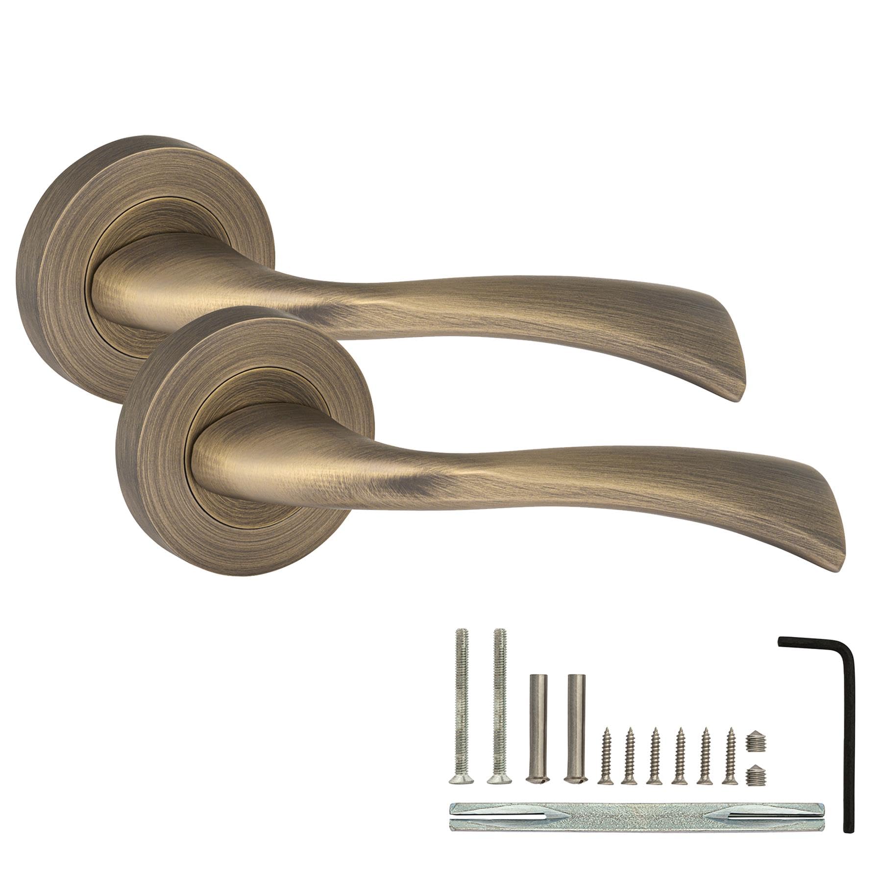 XFORT Solace Lever on Rose Door Handles, Internal Door Handle Sets for Interior Wooden Doors, Lever Latch Door Handle, Interior Door Handles for Home & Office – Matt Antique Brass