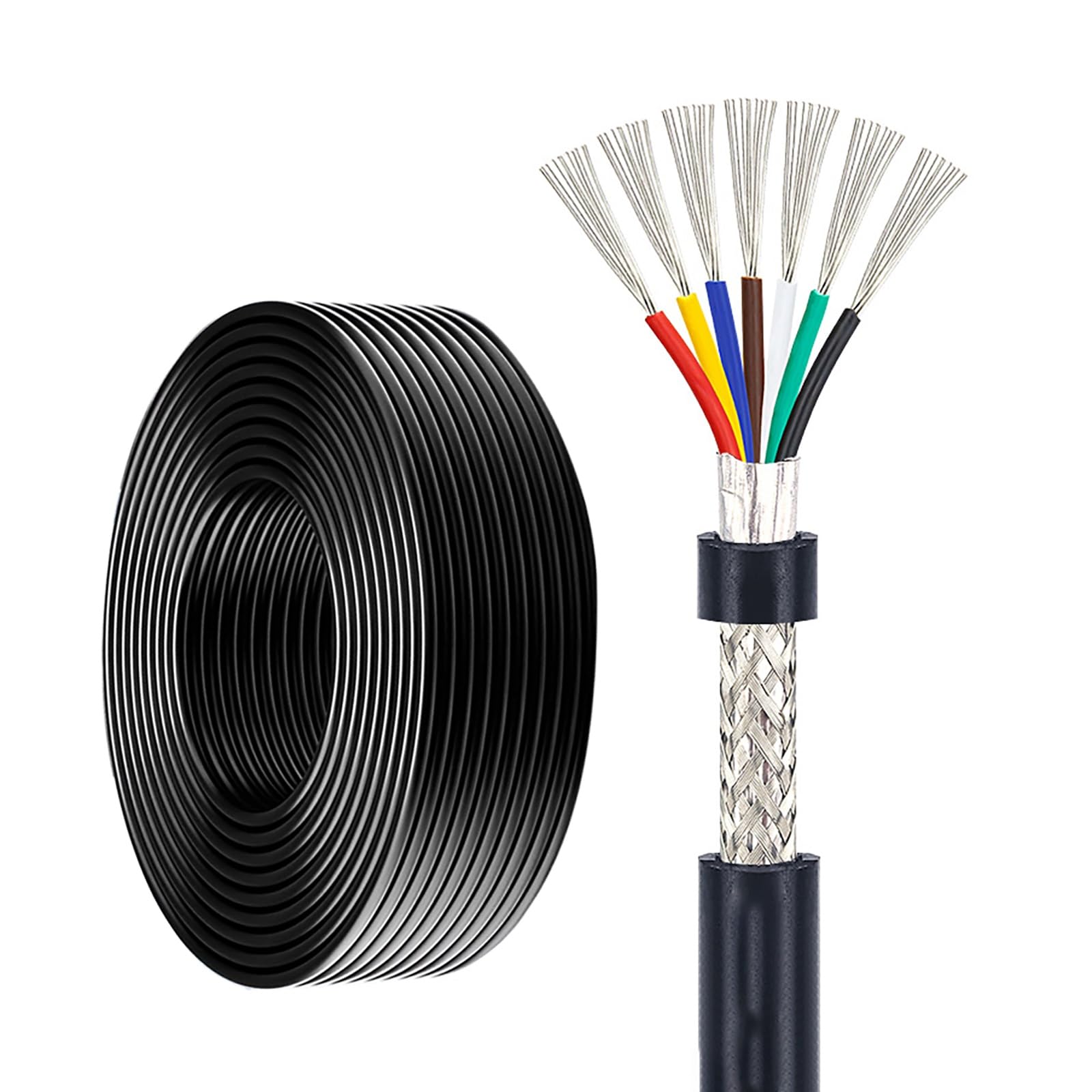 Cavo Schermato Con Calibro 24-26 6-10C, Cavo Schermato Intrecciato Flessibile Isolato In PVC, Rame Stagnato Da 25-100 Piedi for Trasmissione Di Potenza, Dati E Segnali, Automotive(50ft,24AWG-7C)