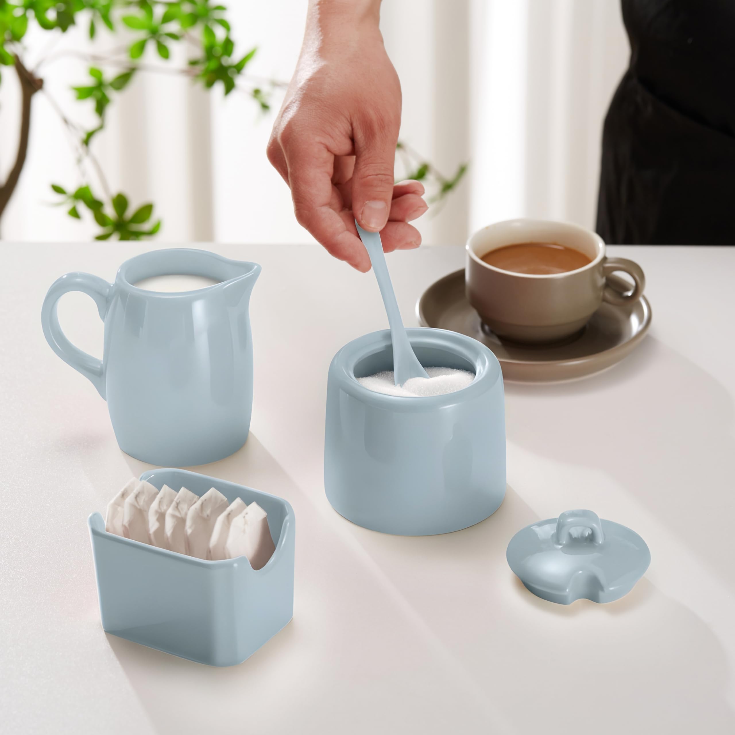 Kook Lot de 3 sucriers, pichet, sucrier avec couvercle et cuillère, support pour édulcorant, bleu casper