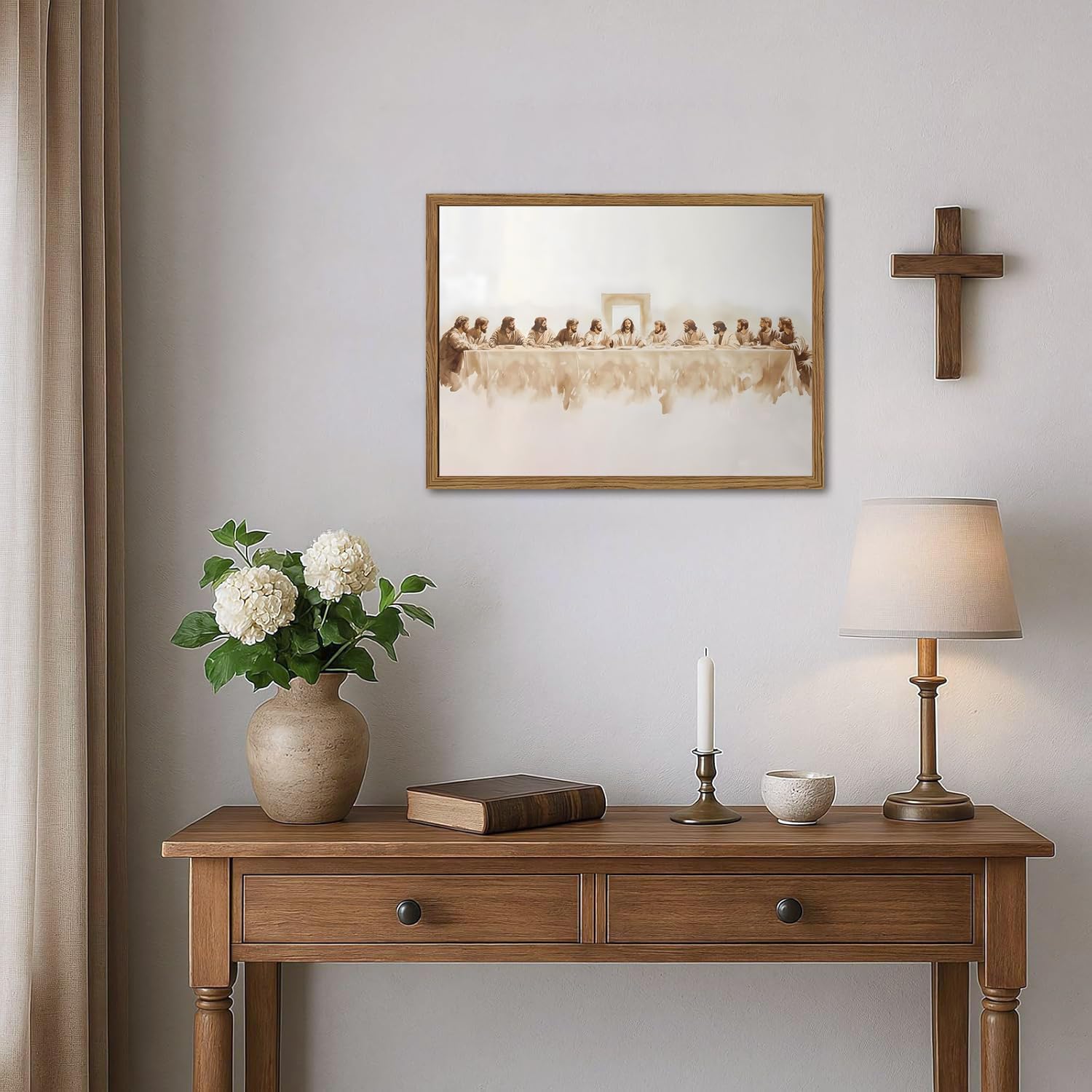 Jesus Last Supper Wall Art Spiritual Christian Wall Decor Painting Modern Jesus Religious Poster Canvas Print for Living Dining Prayer Room Bedroom 12x16 inch Wood Framed