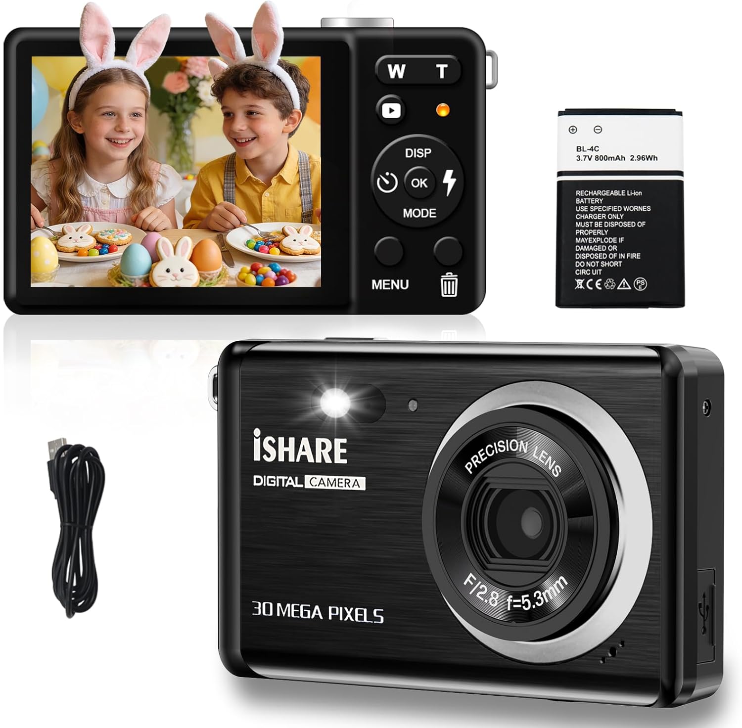 Digital Camera 30MP FHD 1080P Point and Shoot Camera with 2.8" LCD 18X Digital Zoom, 32GB SD Card 2 Batteries, Compact Rechargeable Kids Camera for Teens Students Seniors Vlogging (Black)