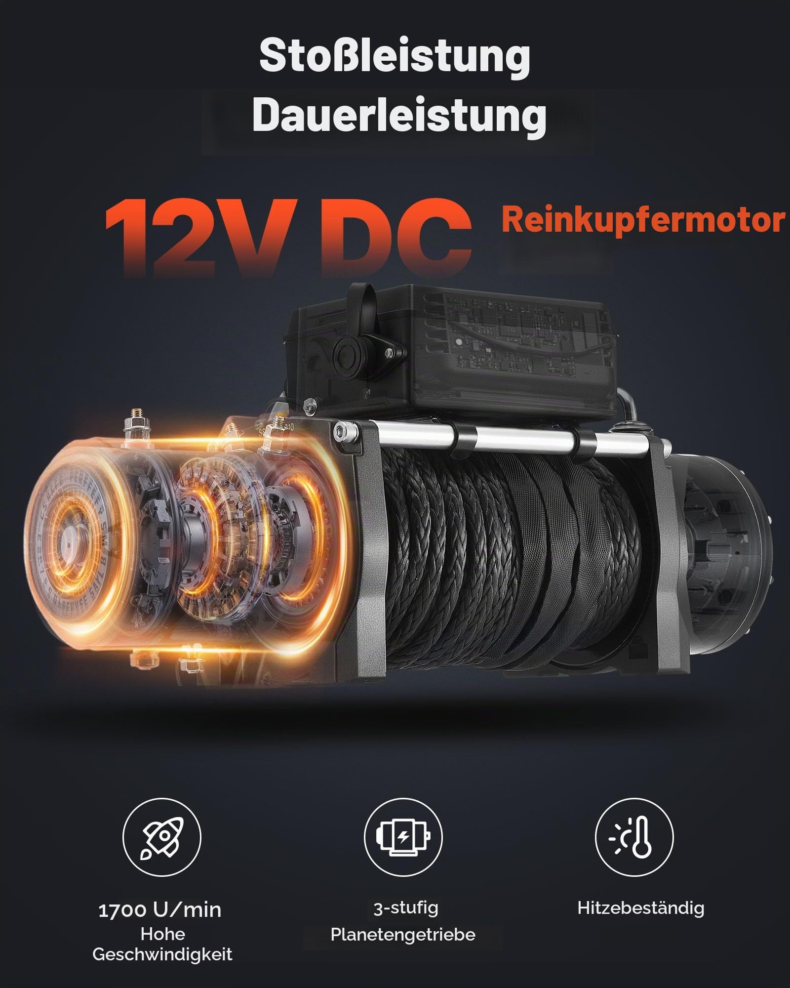 VEVOR Elektrische Seilwinde, 6100 kg, 12 V DC Elektrowinde mit 26 m Synthetikseil, kabellose & kabelgebundene Fernbedienung, IP55, zum Abschleppen von Geländewagen, Jeeps, Anhängern &Booten