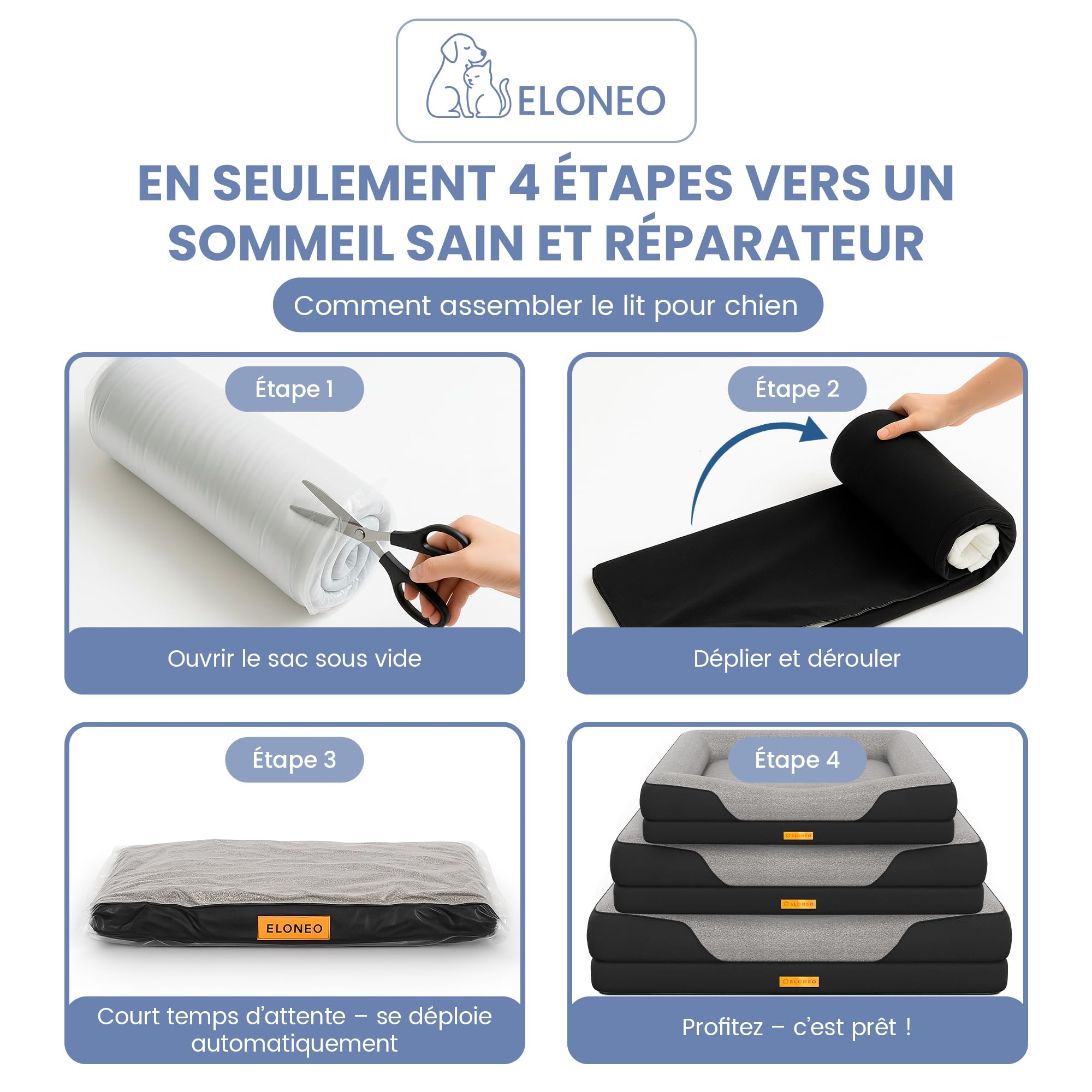 ELONEO lit orthopédique pour Chien Petits Chiens - 76x51x17cm, Panier avec Mousse à mémoire de Forme, Tapis imperméable et Lavable, Coussin et Matelas rembourré, Noir