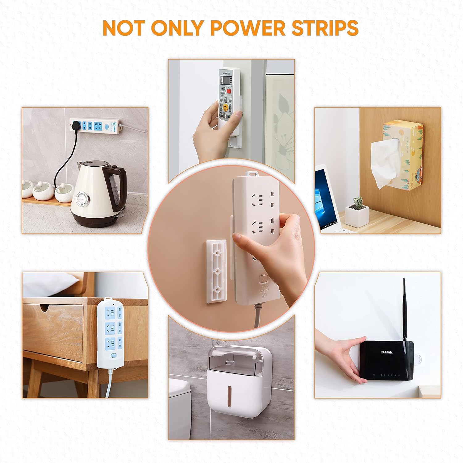 4 Pcs Self-Adhesive Power Strip Holder, Punch-Free Socket Wall Mount, Heavy Duty Plug Board Holder for WiFi Router, Remote Control, Cable Box, No-Drill Wall Organizer for Kitchen & Office