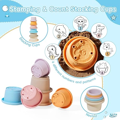 Miniatura 3 de Juguetes de baño para niños de 1 a 3 años, 16 unidades | Juguetes de baño fáciles de limpiar y sin moho para bebés con tazas apilables | Regadera,