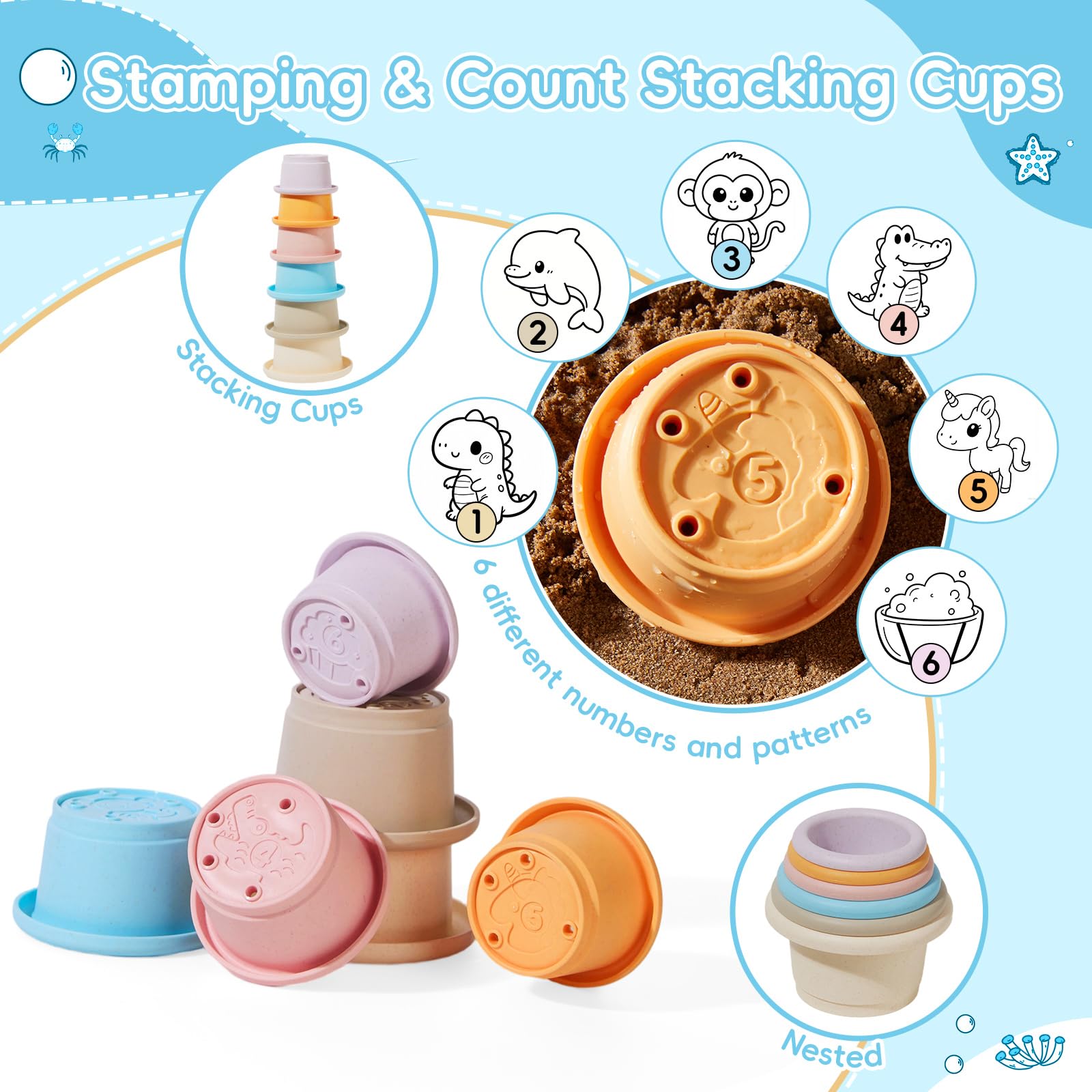 AMCHSURI Bath Toys for Toddlers 1-3, 16PCS Easy-Clean & Mold Free Baby Bath Toys for Kids, Stacking Cups, Watering Can, Floating Boats Include Storage Bag, Water Pool Bathtub Toys for Kids Ideal Gifts - 4