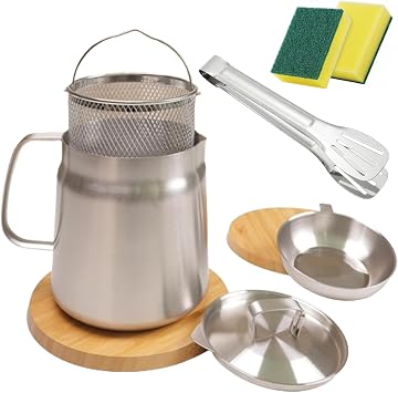 Stainless Steel Large Capacity Oil Fryer And Filter Cup Combo, 1.5L/2L 304 Stainless Steel Oil Fryer With Removable Strainer And Snug Lid, For Kitchen Storing Cooking Grease And Frying Foods 1.5L