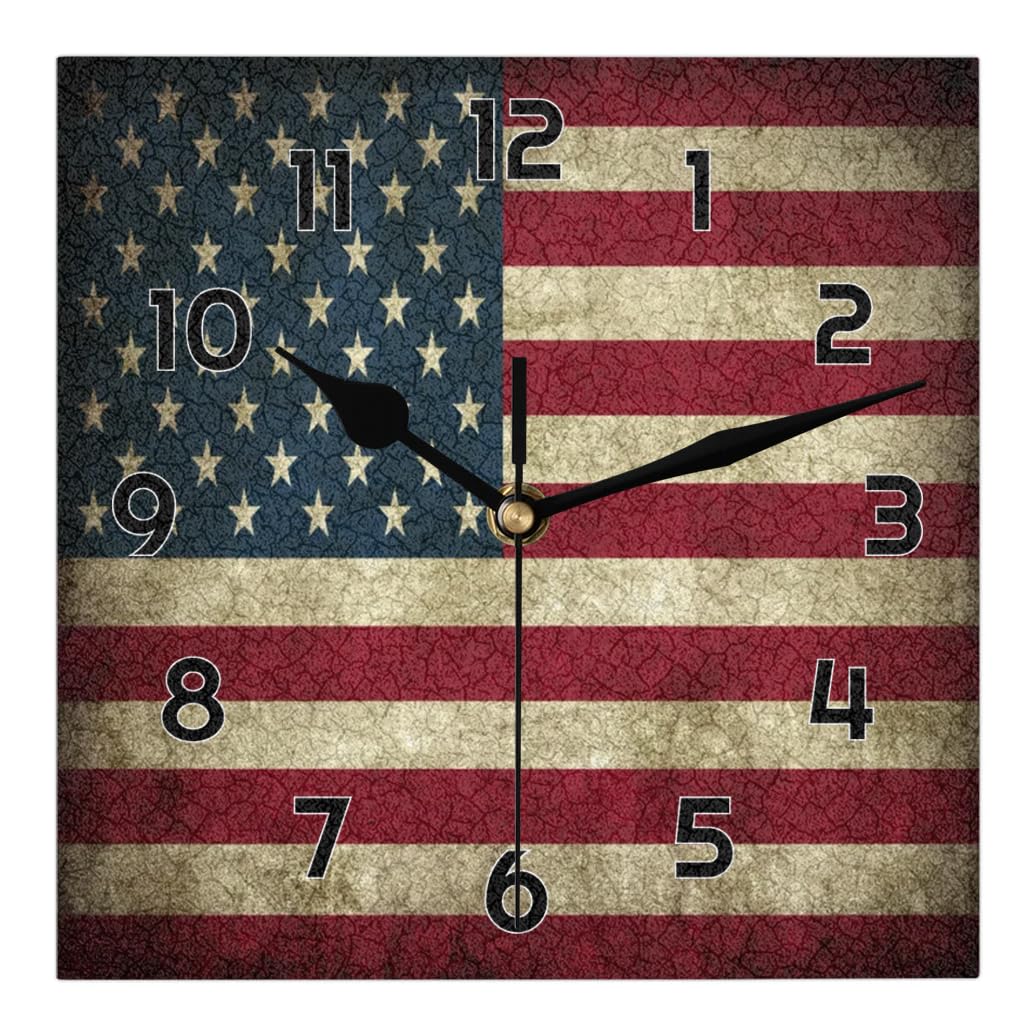 Mularoka Retro American Flag Wall Clock 8 Inch Silent Non-Ticking Battery Operated Quartz Modern Square Clock for Living Room Office Home Bedroom Kitchen Bathroom Classroom School