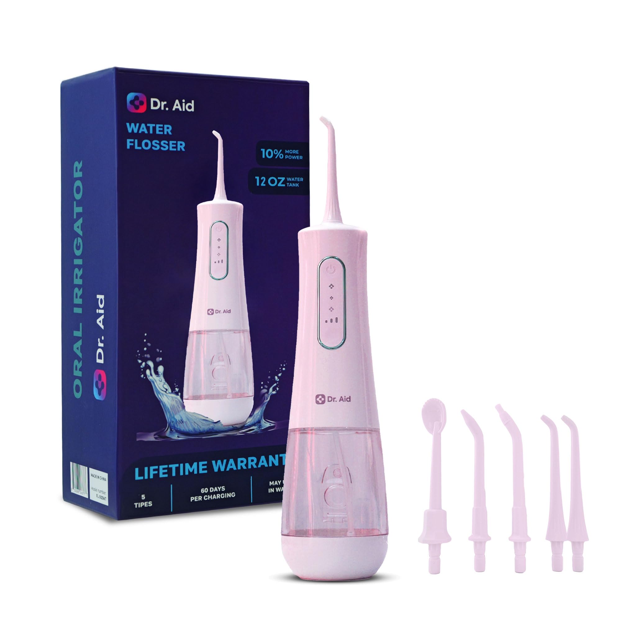 Dr. Aid Irrigador bucal dental – Irrigador oral portátil – Tanque de 12 onzas, filtro de agua, 5 puntas, cargador tipo C – Irrigador bucal inalámbrico impermeable IPX8, hilo dental ideal para dientes