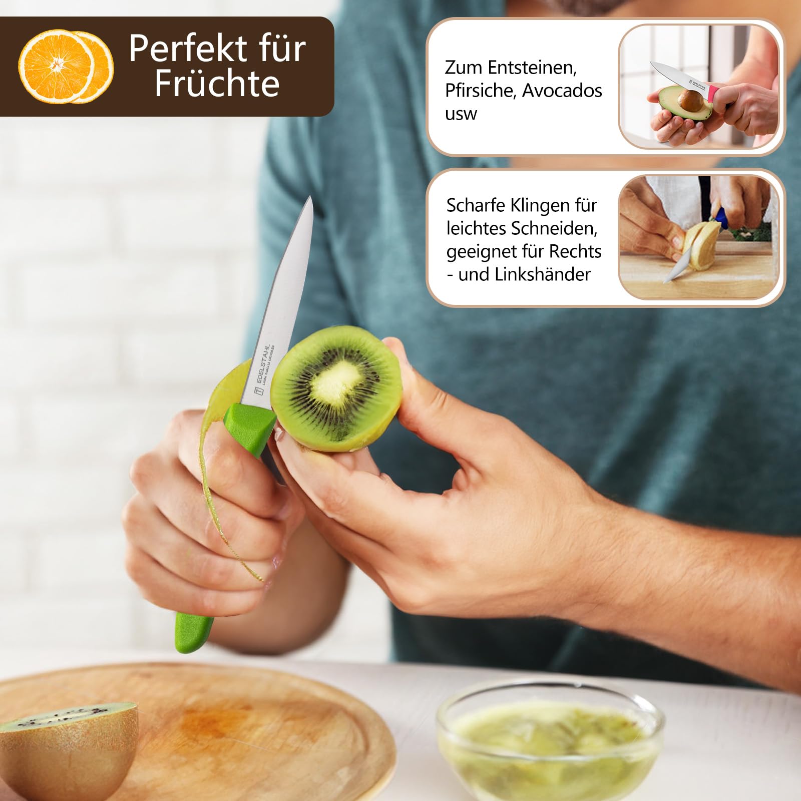 Gemüsemesserset, 6-tlg,aus Edelstahl, mit Kunststoffgriffen, bunt | Obstmesser-Set mit scharfen, präzisen Edelstahlklingen, speziell zum Schneiden von Obst und Gemüse entwickelt