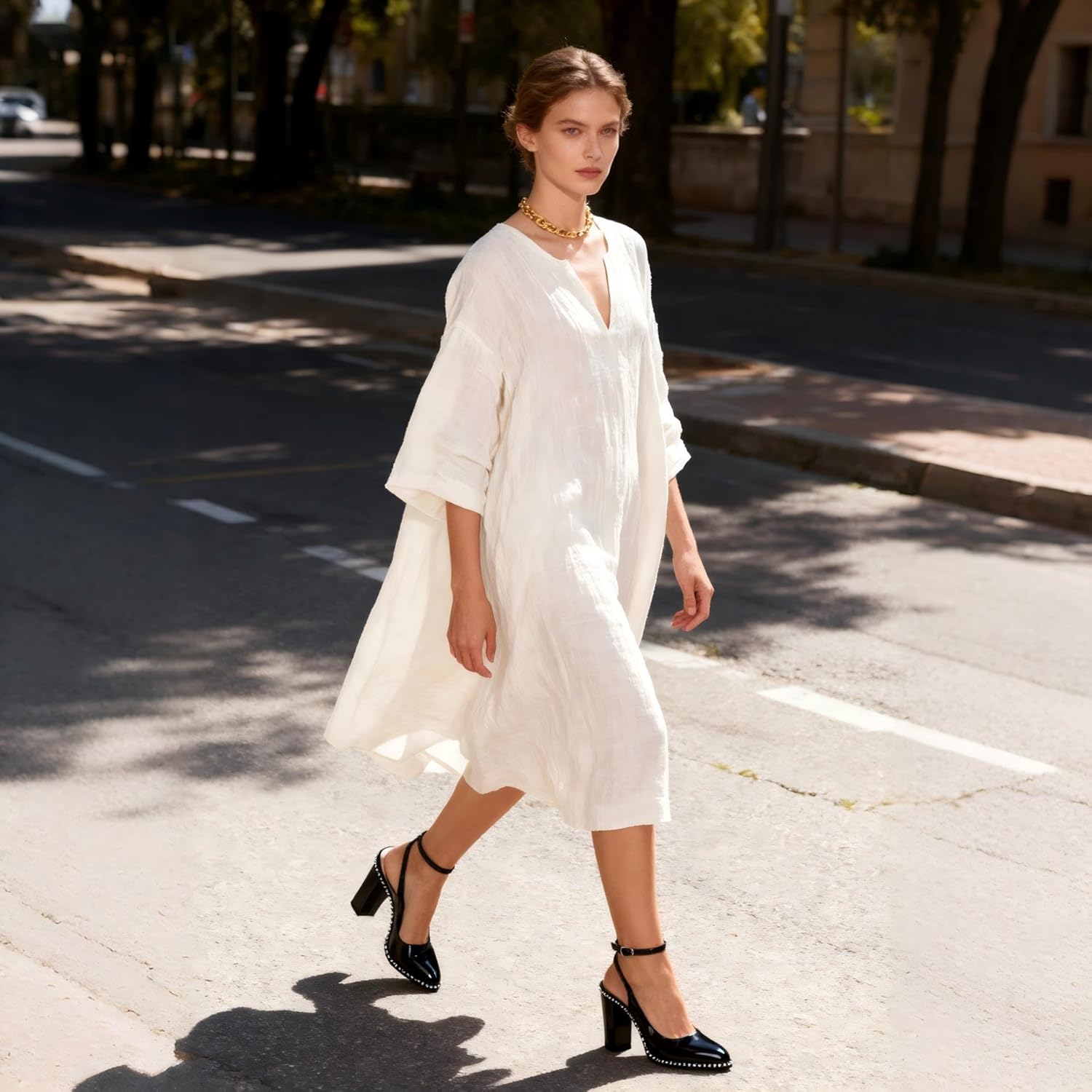 Mettesally Women's Slingback Heels Ankle Strap Round Toe Chunky Block High Heel Beaded Pumps Dress Shoes 3.5 Inches