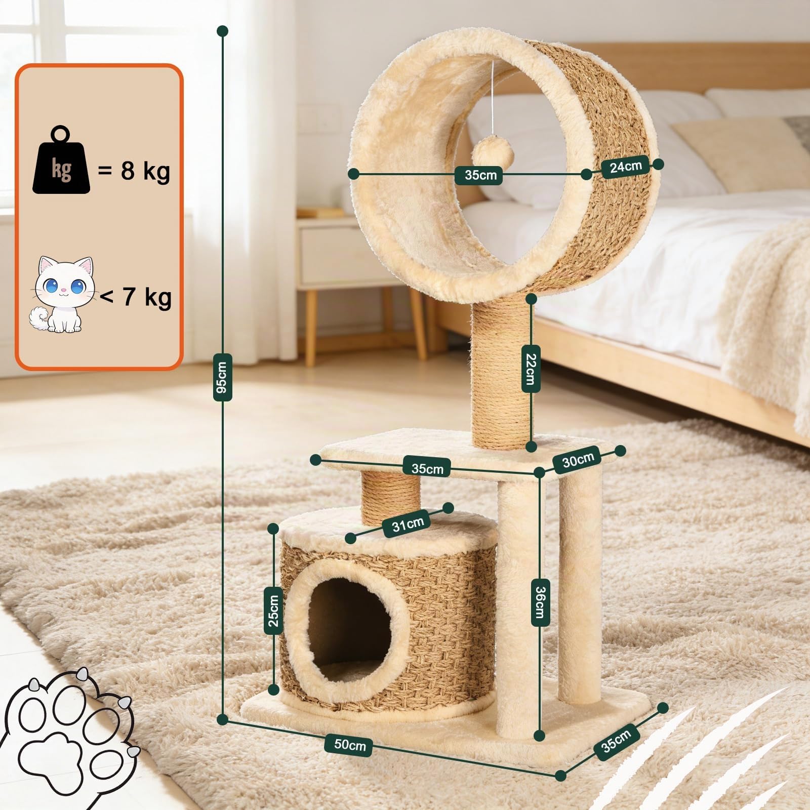 Kratzbaum Modern mit Sisal Kratzsäulen & Handgestrickter Höhle – Stabiler Katzenbaum aus Natürlichem Seegras – Umweltfreundliches Kletterbaum Katzenzubehör für Wohnungskatzen 95 cm