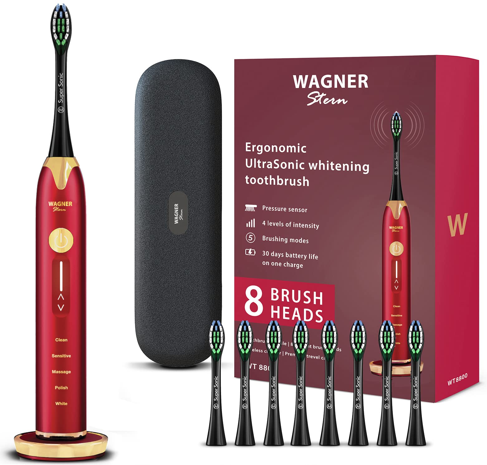 Wagner Stern & Ultrasonic whitening Toothbrush with Pressure Sensor. 5 Brushing Modes and 4 Intensity Levels with 3D Sliding Control, 8 Dupont Bristles, Premium Travel Case.