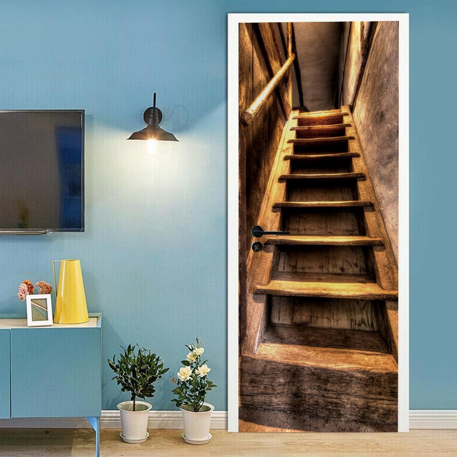 A.Monamour 3D Door Stickers for Interior Doors Old Brown Wooden Stairs Stairway Vinyl Waterproof Self Adhesive Door Mural Decals for Bedroom Office Bathroom 95x215cm