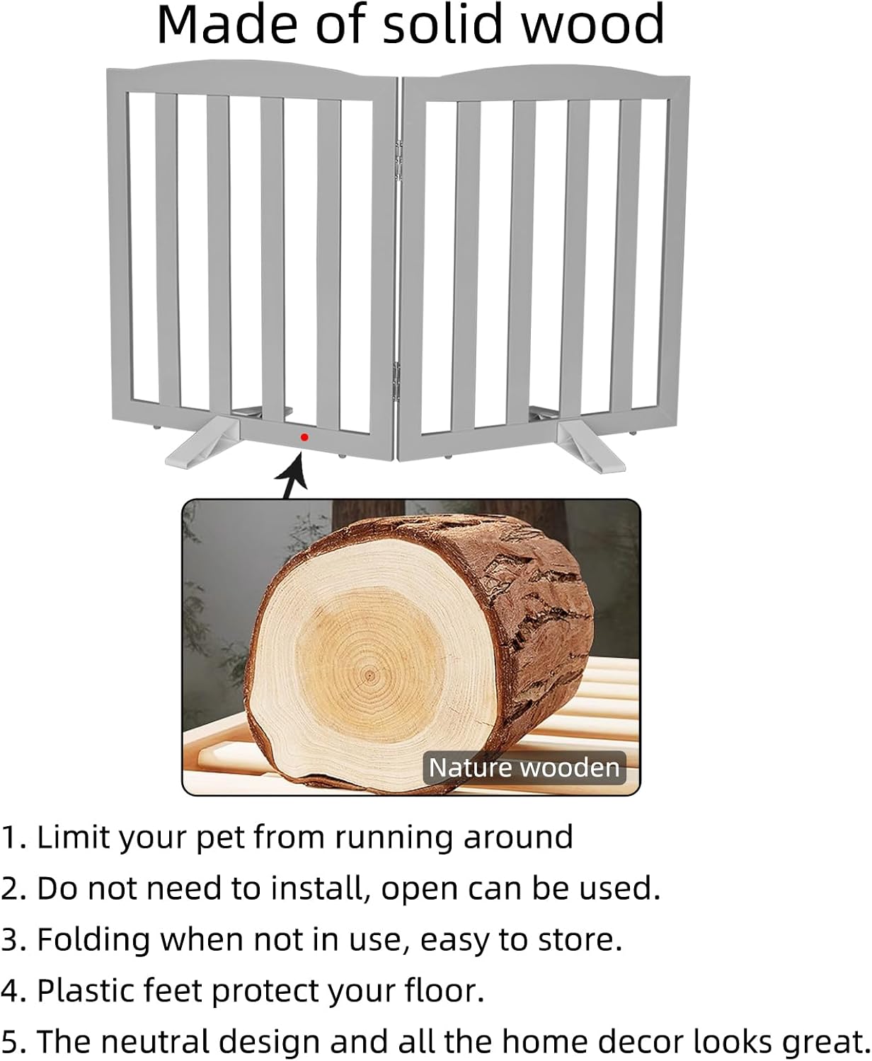 Freestanding Dog Gate Indoor,Doggie Gate Foldable Pet Gates for Doorways,Stairs or Hallways, Wooden Grey Pet Gate for the House, Pet Fence with Support Feet Included,32 "Height-2 Panels