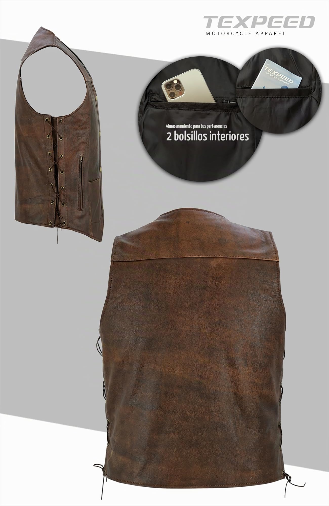 Texpeed Chaleco de cuero para moto - Cuero de motocicleta para hombre - Bolsillos con cremallera originales de motorista/Ajuste de chaleco con lados trenzados