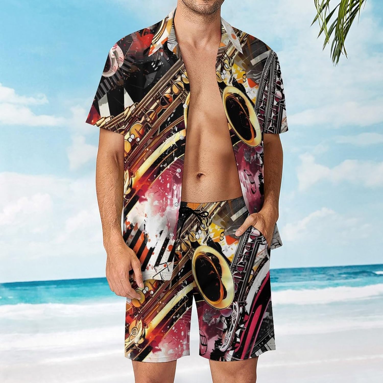 Musical Instruments Jam Session Men's Summer Beach Outfits Shirt And Shorts Set 2 Piece Vacation Swimwear