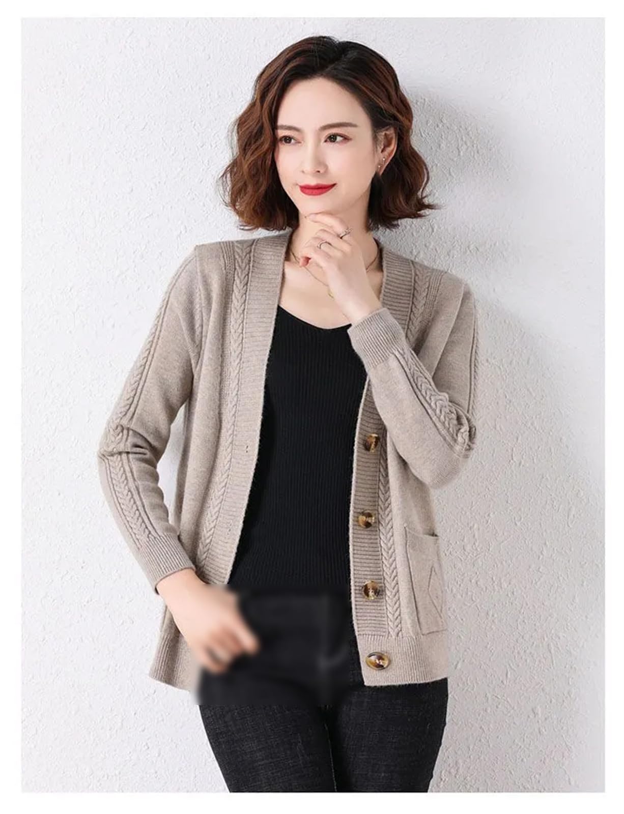 Chaqueta Cárdigan Retro para Mujer, Suéter Holgado De Manga Larga con Cuello En V Y Botones De Punto De Color Sólido Versátil, Otoño E Invierno