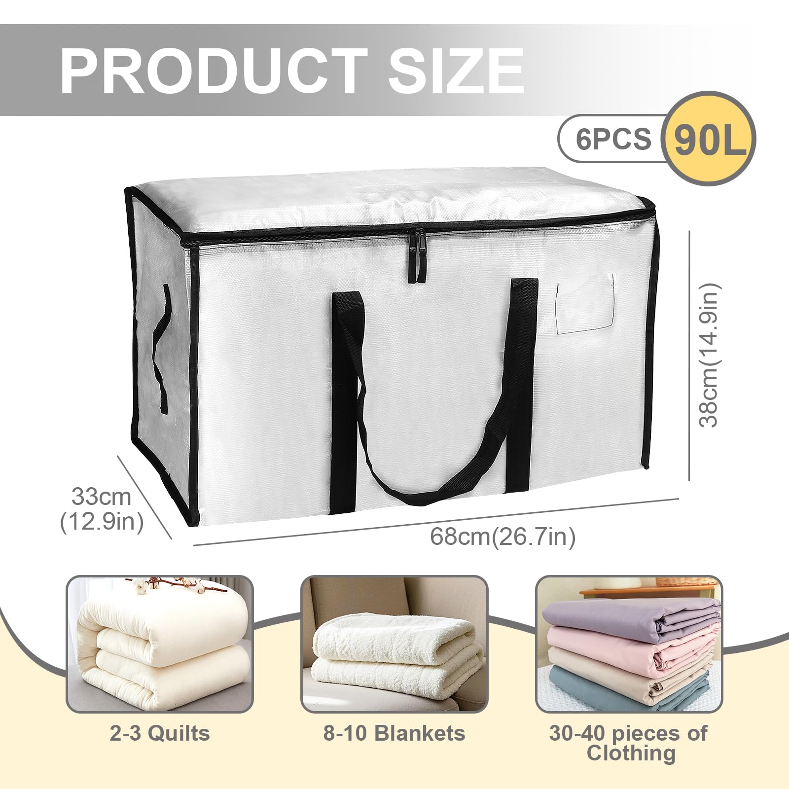 Set da 6 Borse Trasloco 90L Impermeabili con Cerniera e Maniglie Rinforzate, Borse di Stoccaggio Pieghevoli per Vestiti, Trapunte e Viaggi, Alternative a Scatole di Cartone (Trasparente, 6 Pezzi)