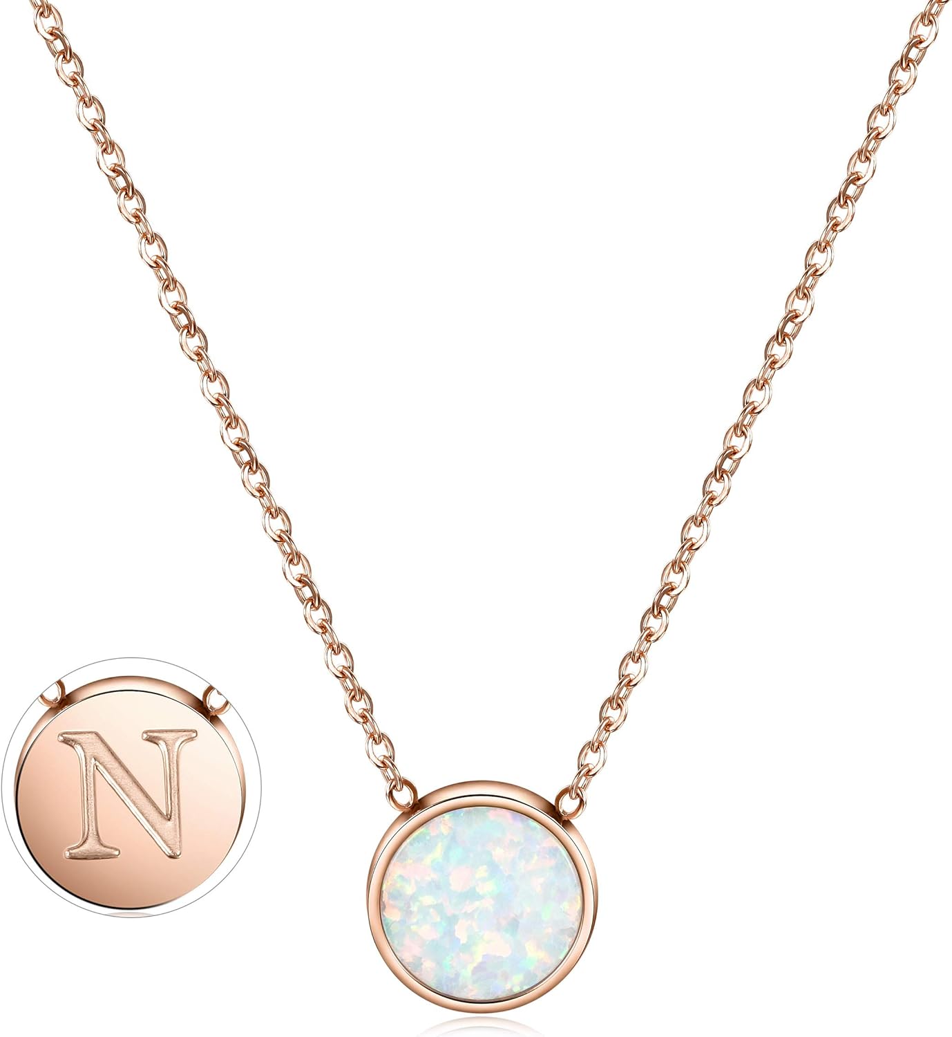 CIUNOFOR Rose Gold Plated Alphabet Opal Pendant Necklace Round Disc Initial Necklace Engraved Letter Necklace with Adjustable Chain Pendant Enhancers for Women and Girls Fashion Style Jewerly
