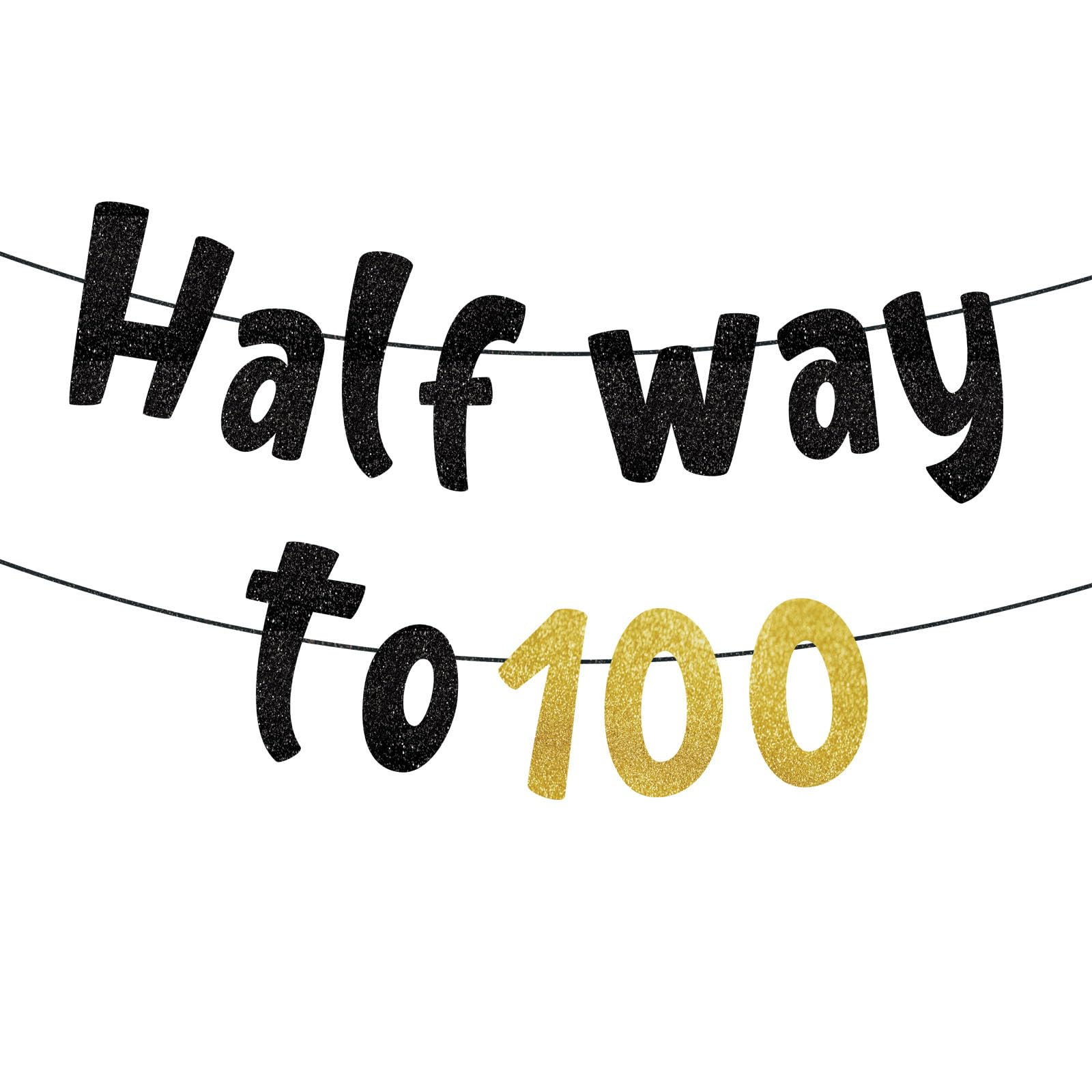 Half Way To 100 Banner,Pre-Strung Glitter Black Gold Happy 50th Birthday Banner,Funny 50th Birthday Decorations for Men Women 50 Years,50th Birthday