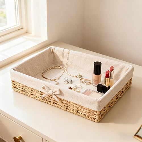 Miniatura 8 de Cestas de almacenamiento de mimbre tejidas a mano para estantes, cesta de ratán para almacenamiento de baño con forro decorativo rectangular para