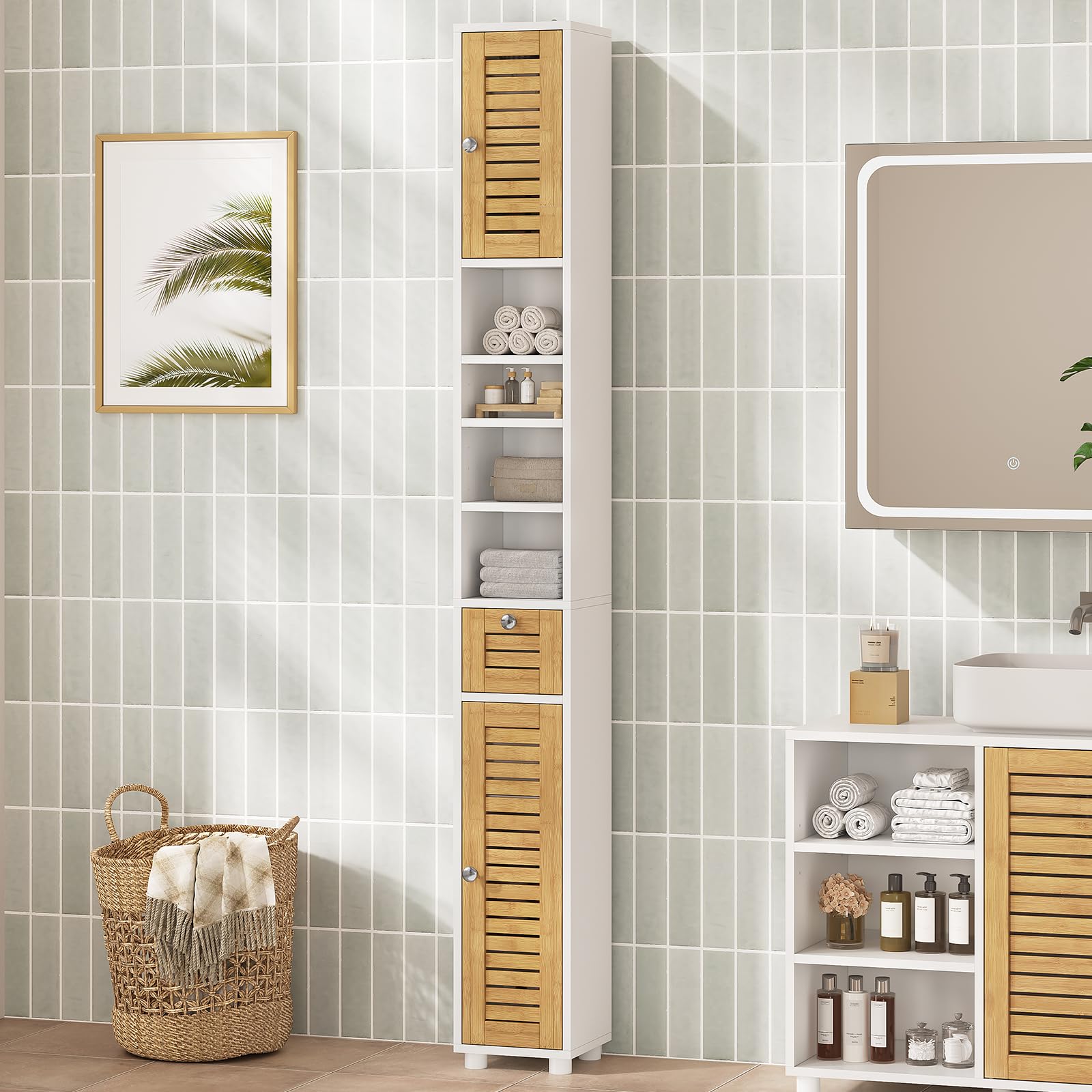 Meuble Colonne Salle de Bain, Meuble de Rangement avec 4 étagères ouvertes, 2 Portes en Bambou,1 Tiroir,Meuble Haut avec Étagères Réglables,Armoire de Toilette pour Salon, Cuisine,22x20x180cm