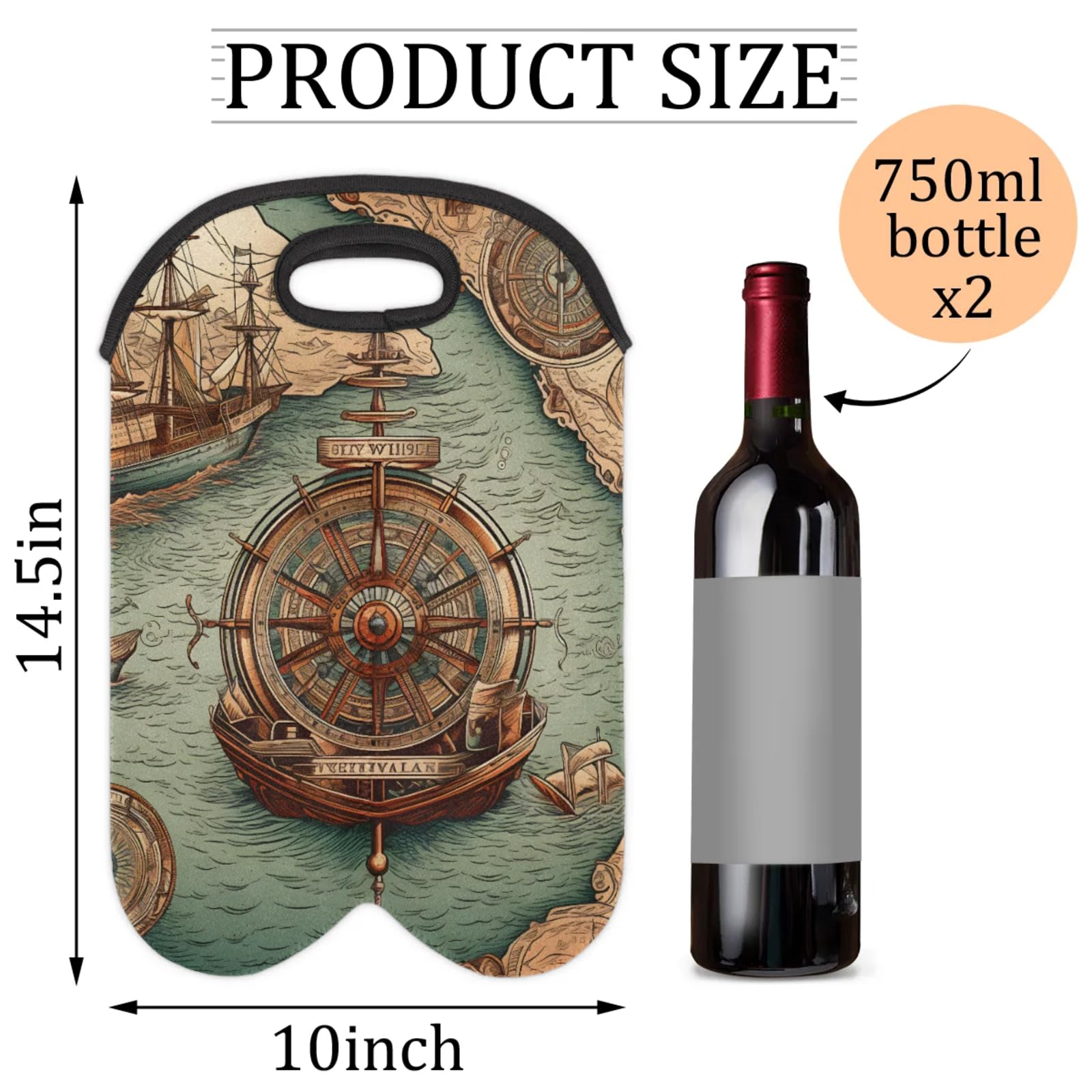 GzLeyigou 2 Bottles Compass Map Wine Bag Sleeve Totes Neoprene Protective Wine Carrier Bag for Wine,Water, Champagne, Beer, Baby Bottles,Gift 14.5 x 10 Inches
