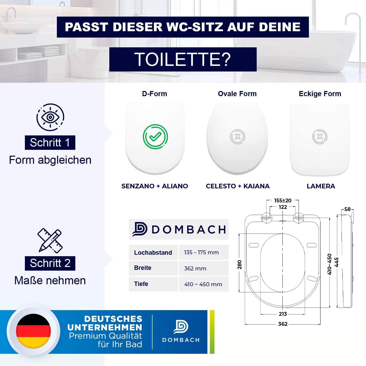 DOMBACH - Premium Toilettendeckel mit Absenkautomatik Abnehmbar (Weiß) WC Sitz mit Absenkautomatik, Klodeckel mit, Klobrille, Toilettensitz, WC Deckel, Toilettenbrille Klobrille, D-Form