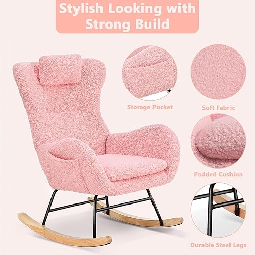 Miniatura 3 de YZRSTY Mecedora para guardería, mecedora con bolsa organizadora, sillón con respaldo alto con cojín acolchado y almohada para reposacabezas, sillas