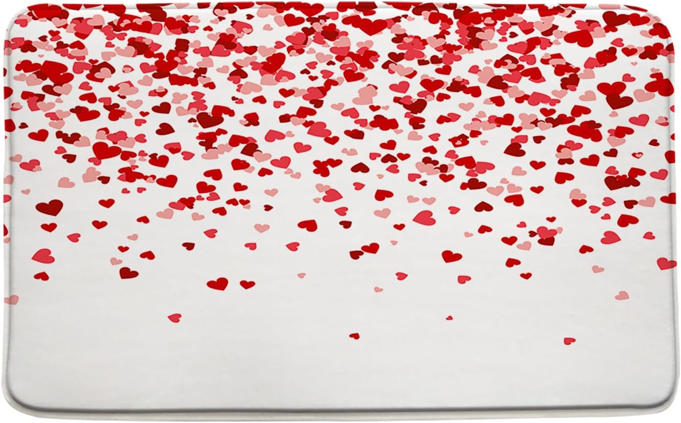 GCTNBJL Red Heart Bath Mat Falling Heart Sweet Love Valentine's Day Romantic Couple Woman Girl Bathroom Kitchen Memory Foam Rug,16x24 and 16x48