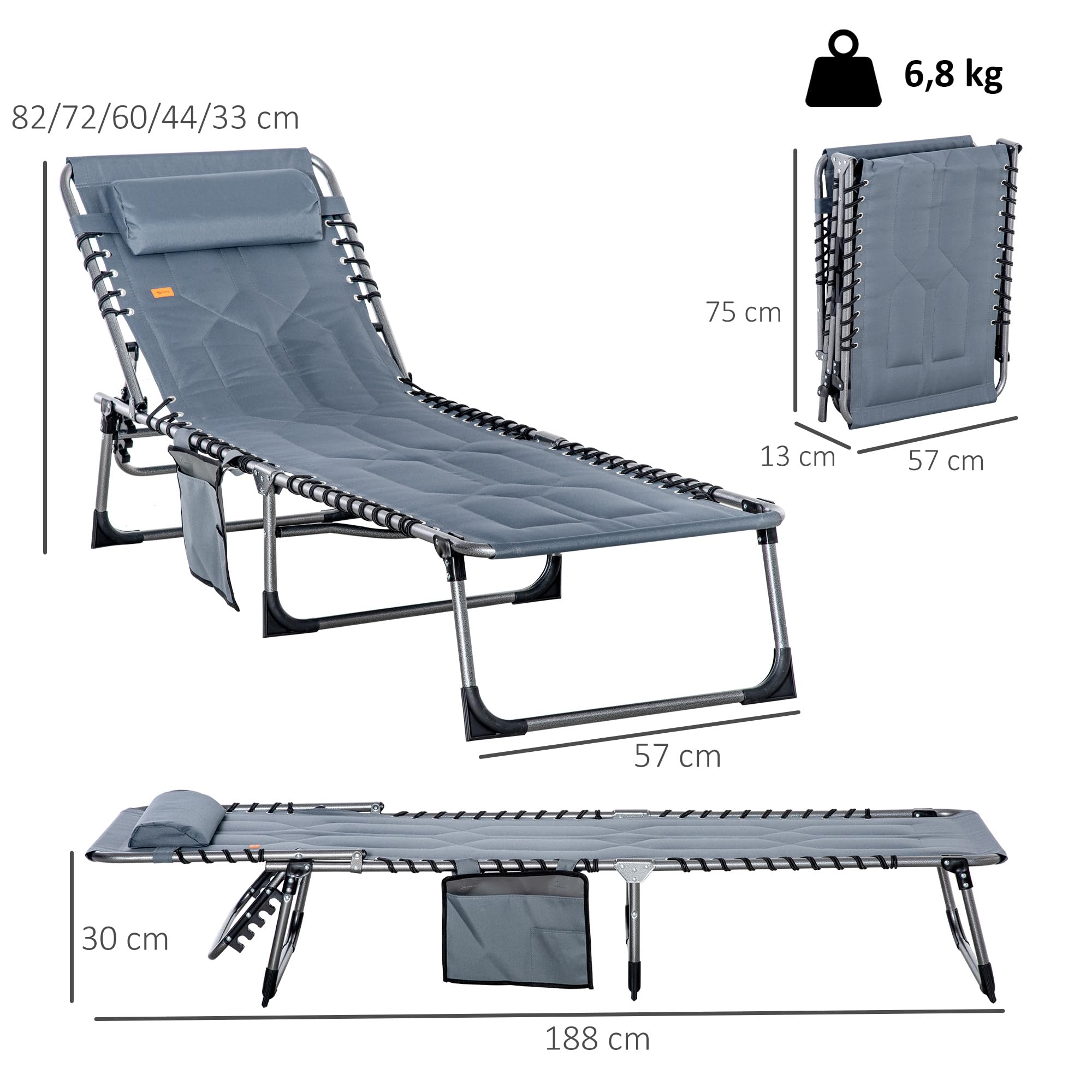 Outsunny Ligstoel Aluminium Ligstoel Met Hoofdkussen Relax Ligstoel 5 Voudig Verstelbaar Inklapbaar 84b 592