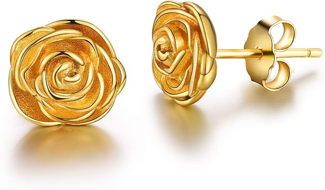 Esberry Gifts for Christmas 18K Gold Plating 925 Sterling Silver Rose Stud Earrings Hypoallergenic Flower Earrings Jewelry for Women and Girls (Yellow Gold)