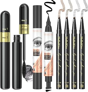 6PCS Double-head Eyeliner Pencil with Eyeliner Stamp,2 in 1 Mascara Volumizing,Lengthening,Liquid Eyebrow Pencils Waterproof Lasting Smudge-Proof Eye Liner Pen for Eye Makeup Tools