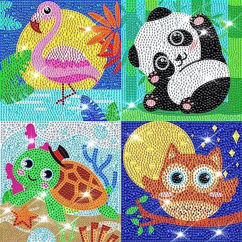 Labeol 4 Pieces 5D Diamond Painting Kit for Kids Full Drill Painting by Number Kits for Beginners DIY Diamond Rhinestone Art Craft Set for Home Office Wall Decor (Animal)