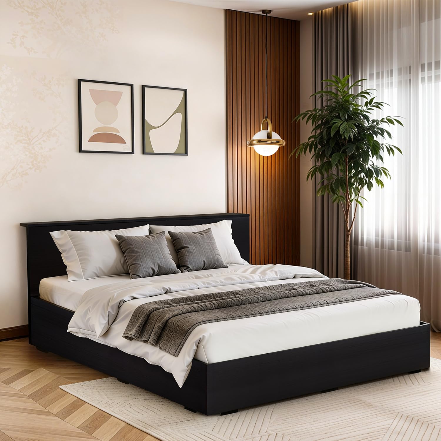 about space bed - (84 x 74 inches) king size bed without storage | engineered wooden bed frame with headboard & mdf support board for mattress | 1-year warranty cot for bedroom - smoked pine