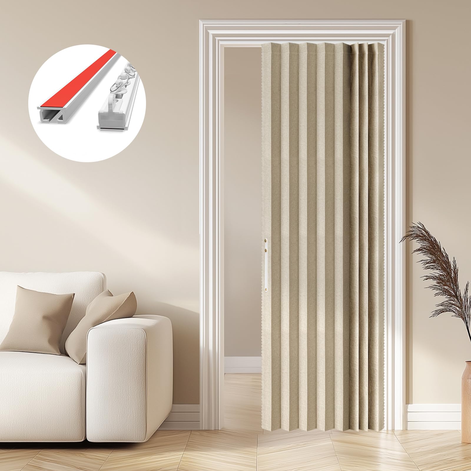 Photo 1 of AJAZZ 100% Blackout Magnetic Accordion Panel - Invisible Folding & Sliding Glass Cover for Bedroom, Living Room, Doorway - Curtain Sets Includes Tracks (1 Panel, 43W x 79L, Cream Yellow)