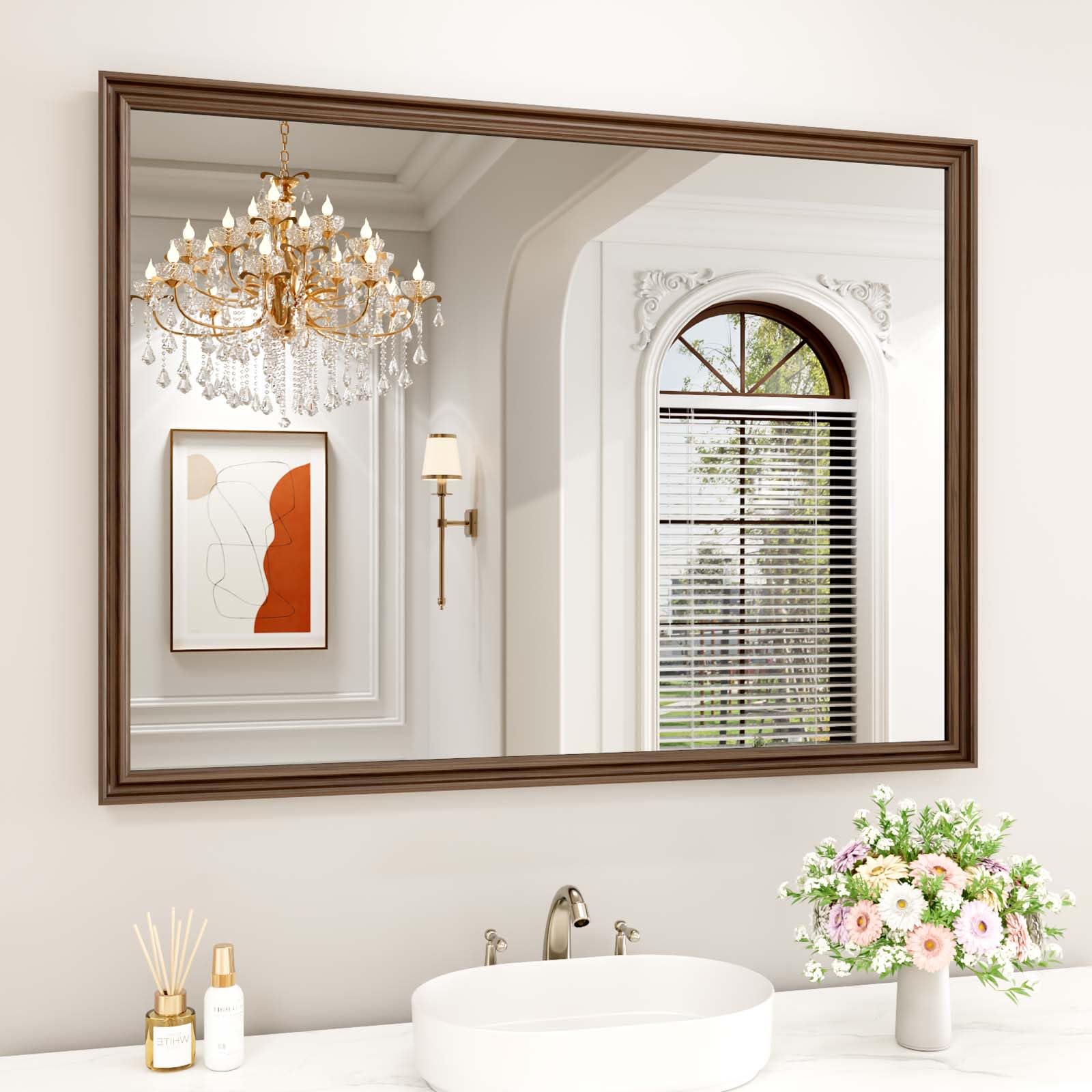 WEER Retro Copper Bathroom Mirror, 48x36 Inch Bronze Oil Rubbed Framed Mirror, Rectangle Classic Vintage Framed Wall Mirror, Farmhouse Vanity Mirror,