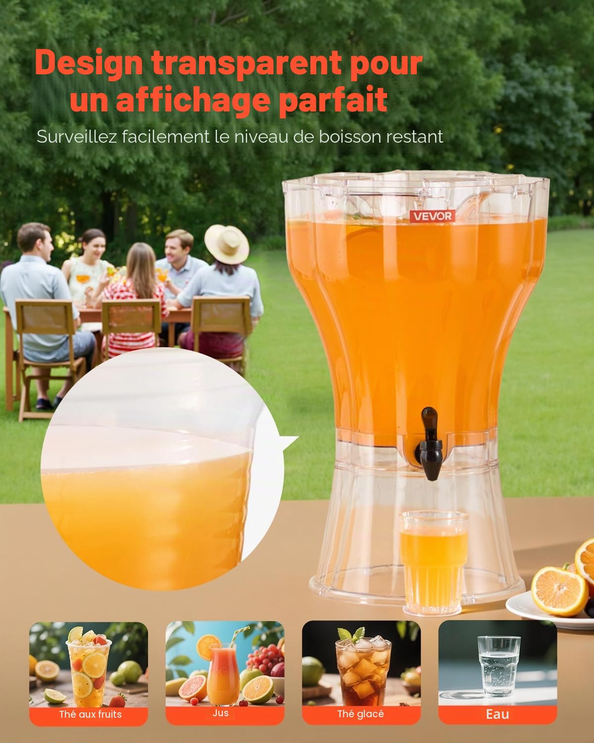 VEVOR Distributeur de Boissons avec Grande Capacité 13 L, Fontaine à Eau en Plastique, Distribution d’Eau Jus Limonade Thé Glacé, avec Robinet Anti-goutte, pour Restaurants Cafés Hôtels Fêtes