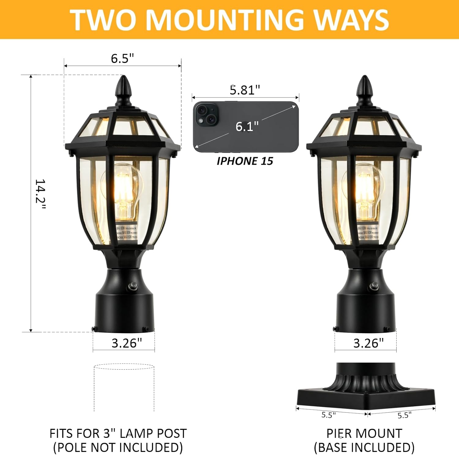 Dusk to Dawn Outdoor Post Lights Hard Wired, Waterproof Aluminum Pole Light Fixture with Pier Mount Base, Exterior Lamp Posts Outdoor Lighting for Yard Patio Pathway, 2 Pack