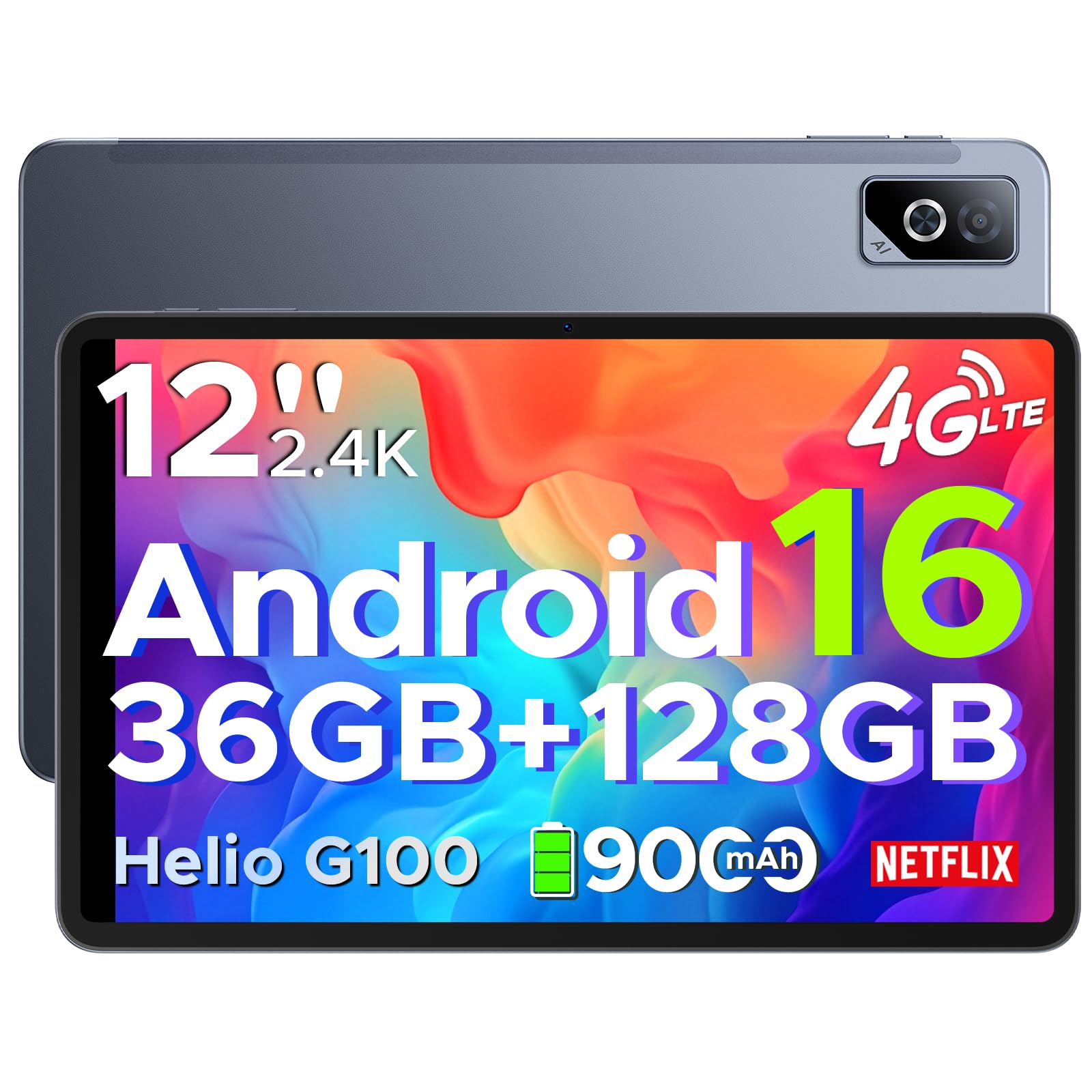 DOOGEE Tab G6 Pro Tablet 12 Pollici, Tablets Android 16, 90Hz 2.4K 36GB RAM+128GB ROM/TF 2TB, Helio G100 Octa-Core PC con sim, 4G LTE/5G WiFi/9000mAh/Gemini AI/13MP+8MP/OTG/FACE ID/Doppi altoparlanti