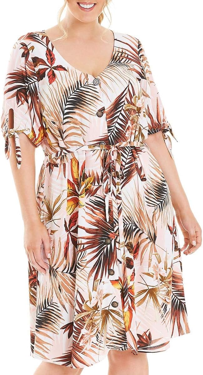 Estelle Womens Plus Floral Print V-Neck Wear to Work Dress Pink 2X