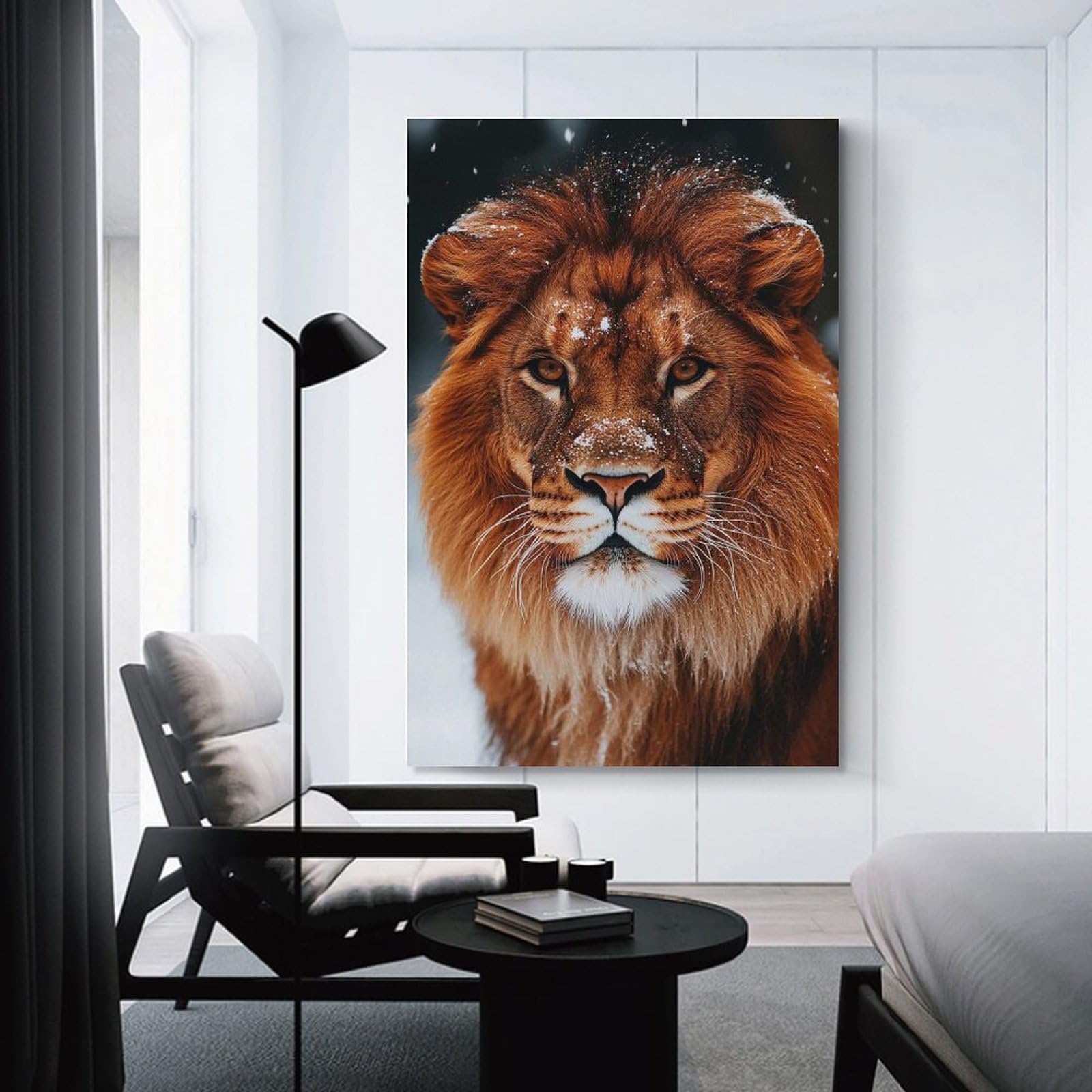 Junmoney Lion Portrait in Winter Snow Canvas Art Print 08x12inch(20x30cm), for Gallery Wall Layouts in Home Or Office, Decorative Artwork with Flexible Styling