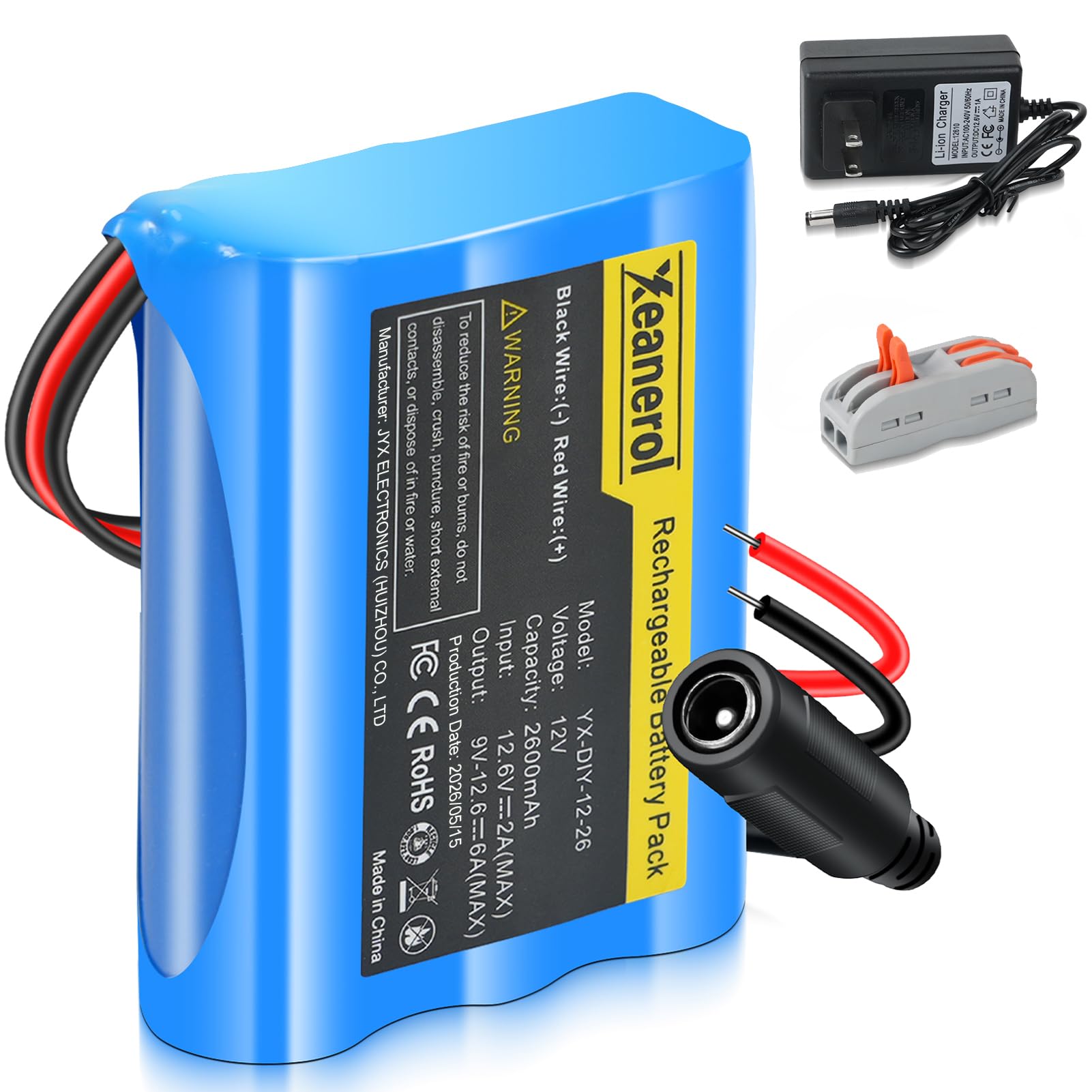 11.1V- 12V 2600mAh Rechargeable Li-ion Battery Pack with Charger, Bare Leads Wire Replacement Lithium Battery Compatible with 12 Volt Devices RC Car, Boat, Robot, DIY, LED Light Strip, CCTV Camera