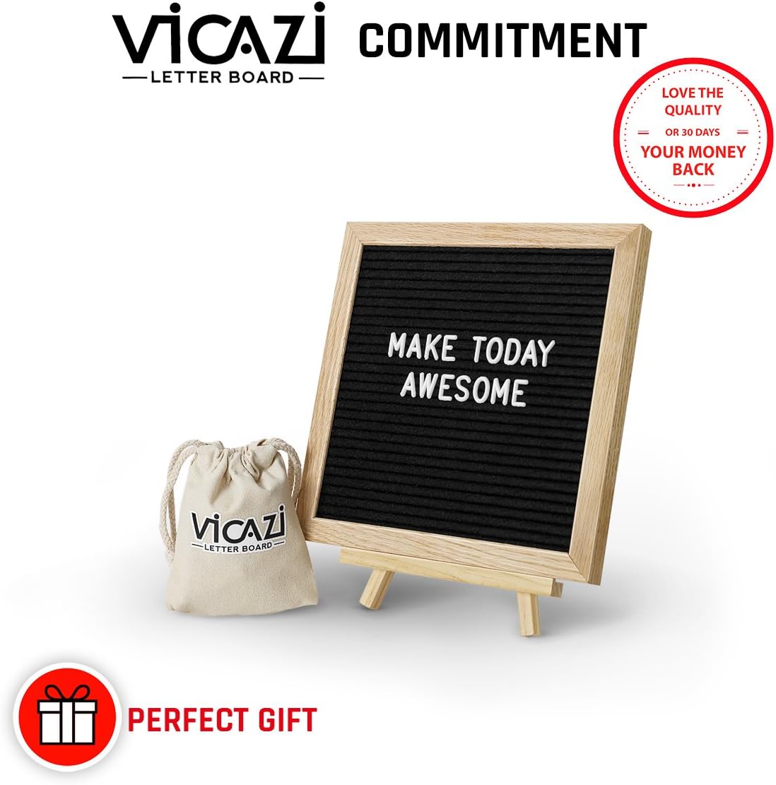 Letter Board - 10'' x 10'' Black Felt Letter Boards with 340 Characters , Changeable Letter Board Oak Wood Frame with Mounting Hook , Stand and Emoji