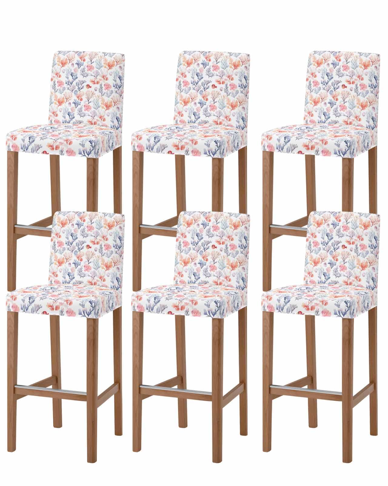 Wowouhiya Coastal Coral Bar Stool Covers - Stretch Dining Chair Covers Set of 6, Summer Colorful Nautical Ocean Fish Bar Chair Cover Removable Counter Stool Pub Chairs Slipcovers Protectors