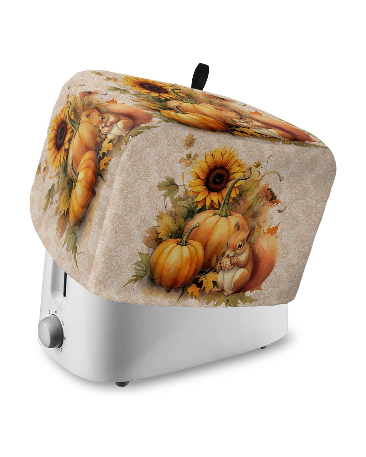 Fall Toaster Cover with Pockets Pumpkin Maple Leaf Sunflower 4 Slice Toaster Oven Covers for Kitchen, Squirrel Thanksgiving Dust Cover for Small Appliance Cover and Fingerprint Protection