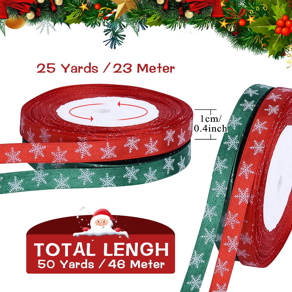 2 Rotoli Nastro Natalizio Raso Verde E Rosso Con Motivo Alberelli - 1cm X 25 Yards Per Decorazioni E Confezioni Regalo
